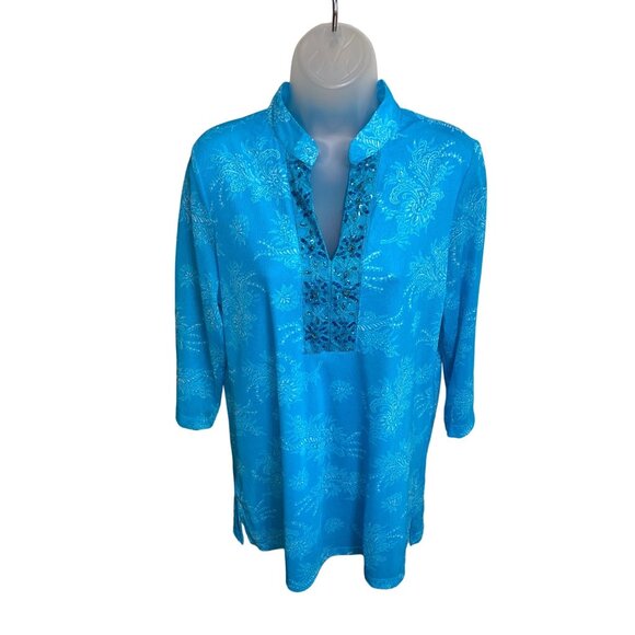 NWT Susan Graver Embellished Neckline Long Sleeve Tunic Aqua Size Medium - Picture 1 of 10